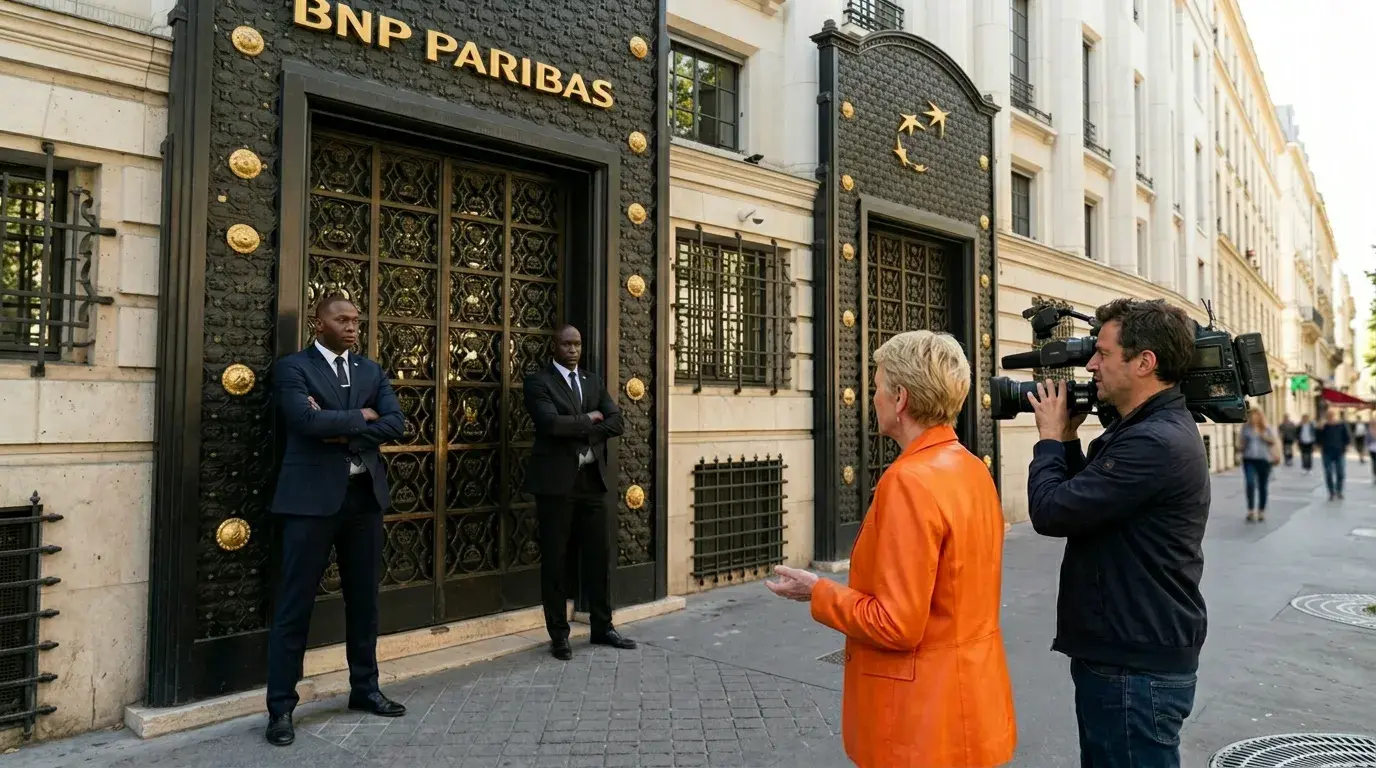 deux agents de sécurité devant la porte fermée de BNP, Lucet sur le trottoir. 
