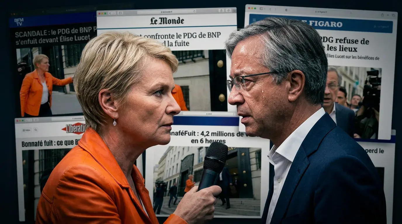 Lucet face à Bonnafé, micro en main, mur de médias en arrière-plan (BFM TV, Le Monde, Le Figaro, Libération, LCI
